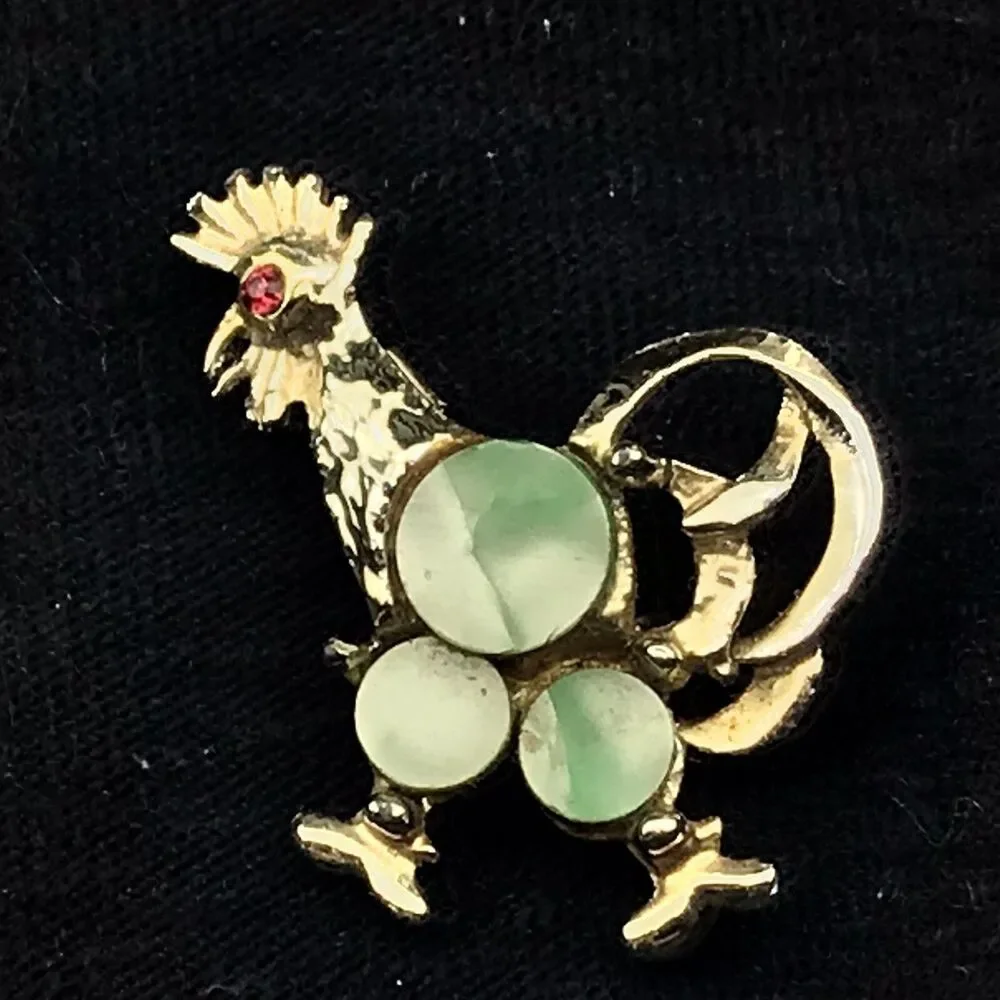 Rooster Gold Tone Enamel Brooch Pin Vintage Jeweled Eye